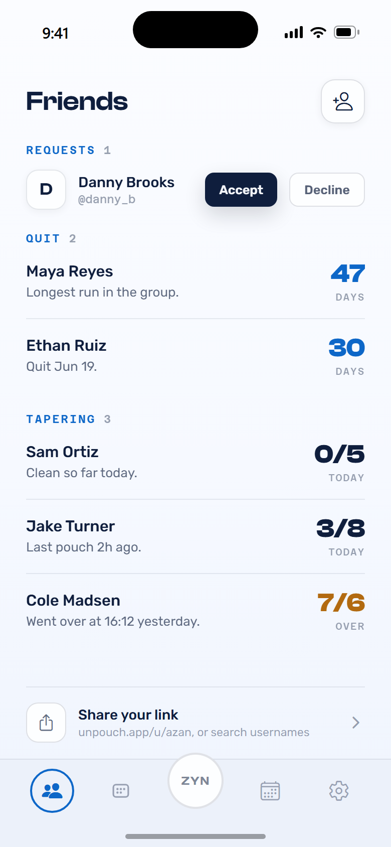Friends screen: quit streaks, tapering counts, requests
