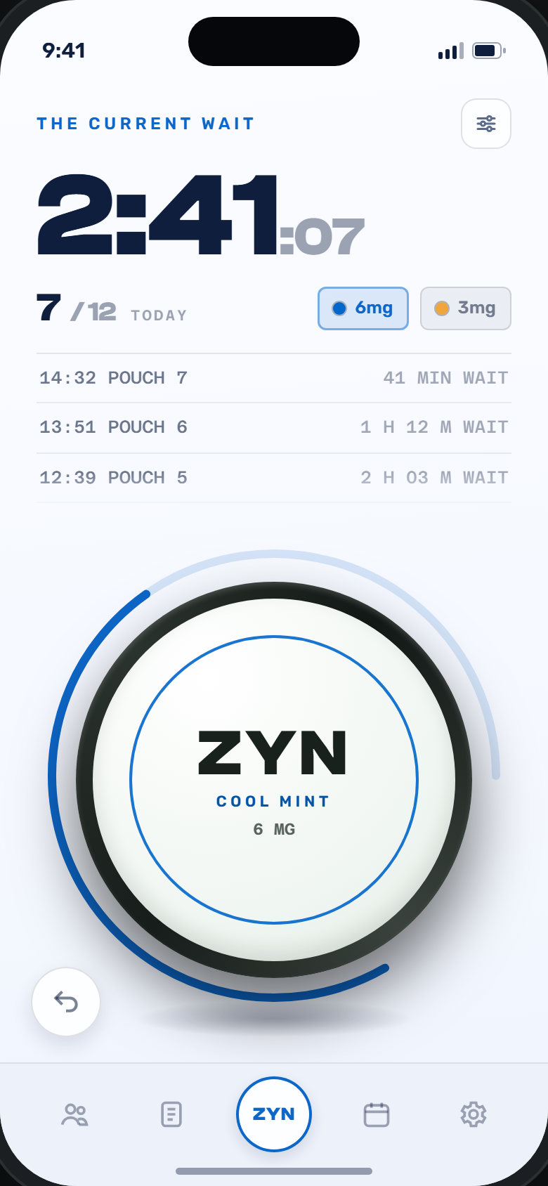Tracker screen: the current wait timer and the tap can
